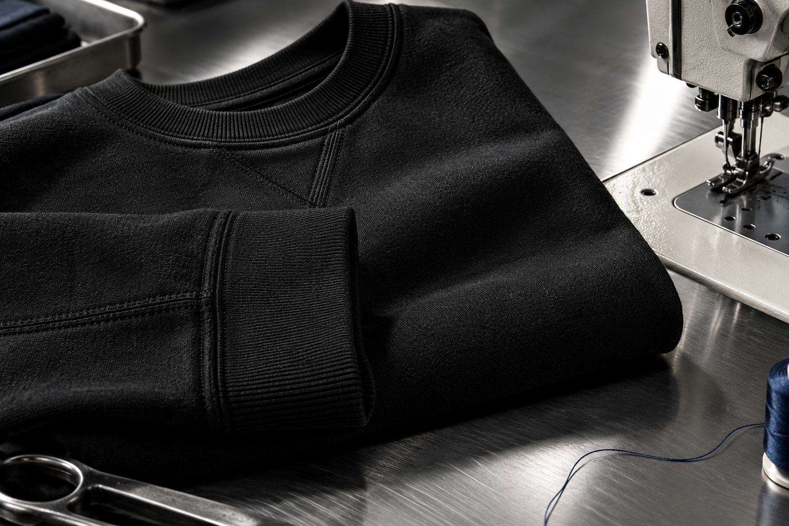Illustrative close-up of heavyweight cotton garments beside an industrial sewing machine